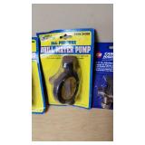 Various Brands Plumbing and Air Tool Accessories including Drill Master Drill Water Pumps, Merlin Pressure Gauge, and Apache Air Hose Lot