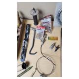 Assorted Tools and Hardware Lot including 5ft Standard Control Cable, Hooks, and Clamps