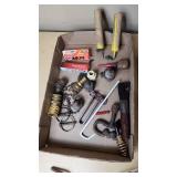 Assorted Tools and Hardware Lot including 5ft Standard Control Cable, Hooks, and Clamps