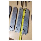 Assorted Hardware and Tools including Shelf Brackets, Wooden Dowels, and Cable Spool