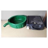 Green oil drain pan and black oil storage container