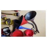 Lot of Plastic and Metal Funnels and Spouts with Flexible Hose Attachments