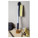 Lot of Various Cleaning and Automotive Tools including Ice Scrapers, Broom, and Brushes