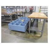 METAL AND WOOD, ADJUSTABLE HEIGHT WORKBENCH WITH WOODEN HUTCH