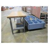 METAL AND WOOD, ADJUSTABLE HEIGHT WORKBENCH WITH WOODEN HUTCH