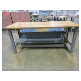 METAL AND WOOD, ADJUSTABLE HEIGHT WORKBENCH WITH WOODEN HUTCH