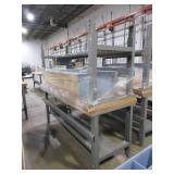 METAL, ADJUSTABLE HEIGHT, U-LINE PACKING TABLES AND WOODEN HUTCH