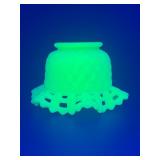 VINTAGE FENTON GREEN CUSTARD SATIN URANIUM GLASS BASKET WEAVE RUFFLED BOWL GLOWS!