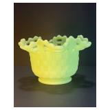 VINTAGE FENTON GREEN CUSTARD SATIN URANIUM GLASS BASKET WEAVE RUFFLED BOWL GLOWS!