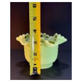 VINTAGE FENTON GREEN CUSTARD SATIN URANIUM GLASS BASKET WEAVE RUFFLED BOWL GLOWS!