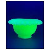 RARE Fenton Lime Green Custard Satin Uranium Glass Ruffled Bowl Glows Under Blacklight