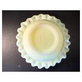 RARE Fenton Lime Green Custard Satin Uranium Glass Ruffled Bowl Glows Under Blacklight
