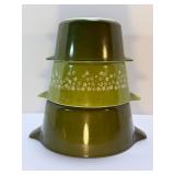 Vtg PYREX 3-Piece Set "Spring Blossom Green" Crazy Daisy Nesting Bowls #401 #402 #403