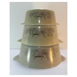 Vintage Pyrex "Forest Fancies" Mushroom Nesting Bowls Set of 3 | Almond Speckle Milk Glass (1980s)