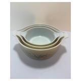 Vintage Pyrex "Forest Fancies" Mushroom Nesting Bowls Set of 3 | Almond Speckle Milk Glass (1980s)