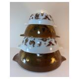 RARE Vtg 1960s Pyrex #440 Series "Early American" Cinderella Nesting Bowls - Complete 4-Pc Set - Brown & Gold Motif