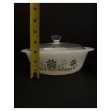 Vintage Jeannette Glasbake "Green Daisy" Milk Glass Oval Casserole Dishes (Set of 2) w/ Lids MCM