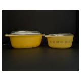 Vintage Pyrex Town & Country Set, Yellow Brown Star Casserole Dishes w/ Lids