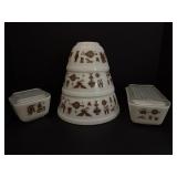 Vintage PYREX Early American Mixing Bowls & Refrigerator Dishes Set | Brown on White (1960s)
