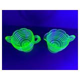 Vintage Uranium Vaseline Glass Ribbed "Beehive" Creamer & Sugar Bowl Set | Glows UV Light