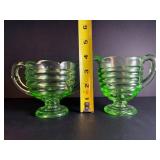 Vintage Uranium Vaseline Glass Ribbed "Beehive" Creamer & Sugar Bowl Set | Glows UV Light