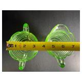 Vintage Uranium Vaseline Glass Ribbed "Beehive" Creamer & Sugar Bowl Set | Glows UV Light