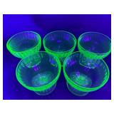 Vintage Uranium Green Depression Glass Sherbet Cups - Set of 5 - Glows Bright Neon Green Under UV Light