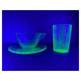 Vintage Uranium Vaseline Glass Tea Cup w/ Saucer & Tumbler Set | UV Glows Bright Green