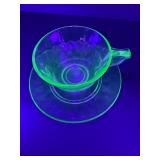 Vintage Uranium Vaseline Glass Tea Cup w/ Saucer & Tumbler Set | UV Glows Bright Green