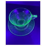 Vintage Uranium Vaseline Glass Tea Cup w/ Saucer & Tumbler Set | UV Glows Bright Green