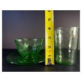 Vintage Uranium Vaseline Glass Tea Cup w/ Saucer & Tumbler Set | UV Glows Bright Green