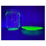 VTG 1920s-40s Green Depression Uranium Glass  Canister Jar and Plate.