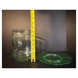 VTG 1920s-40s Green Depression Uranium Glass  Canister Jar and Plate.