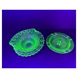 Vintage Uranium Vaseline Glass Lot: Fenton Open Weave Basket & Depression Era Ashtray (Glows UV)