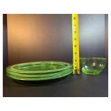 Vintage Green Uranium Vaseline Glass 4-Piece Set: 3 Divided Grill Plates & Matching Cup - Glows Bright Under UV Light (Depression Era)