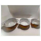 VINTAGE PYREX OLD ORCHARD 3-PIECE NESTING CASSEROLE SET WITH LIDS (1, 1.5, 2.5 QT)
