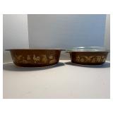 Vintage Pyrex Early American 2-Pc Set | #043 #045 Casseroles w/ Lid. The first Pyrex pattern to use  22K Gold.