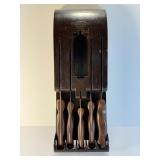 RARE Vtg Mid-Century CUTCO 5-Pc Kitchen Knife Set & Original Brown Bakelite/Plastic Wall Mount Holder | USA Made Collectible Cutlery | Thermo-Resin Dark Wood Grain Handles | Forever Guarantee Incl
