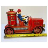 Vintage Modern Toys Japan Tin Litho Friction F.D. No. 1 Fire Engine Truck w/ Fireman Figure (c. 1950s)