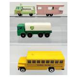 Lot of 4 Vintage Matchbox Diecast Vehicles - Lesney No. 23 Caravan, No. 32 BP Tanker, Van & School Bus