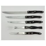 VINTAGE CUTCO 5-Pc Knife Set with Original Brown Plastic Wall Mount/Drawer Holder - DAMAGED HOLDER