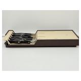 VINTAGE CUTCO 5-Pc Knife Set with Original Brown Plastic Wall Mount/Drawer Holder - DAMAGED HOLDER