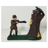 Vintage Style Cast Iron Mechanical Coin Bank "Teddy and the Bear" Hunter Shooting Scene