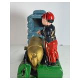 Vintage Cast Iron Artillery Bank Mechanical Coin Bank - Soldier & Cannon