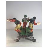 VINTAGE "CALAMITY" CAST IRON MECHANICAL COIN BANK - FOOTBALL/RUGBY THEME