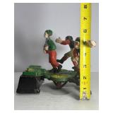 VINTAGE "CALAMITY" CAST IRON MECHANICAL COIN BANK - FOOTBALL/RUGBY THEME