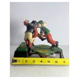 VINTAGE "CALAMITY" CAST IRON MECHANICAL COIN BANK - FOOTBALL/RUGBY THEME