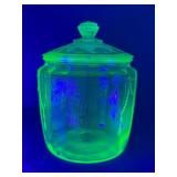 Vintage 1930s Anchor Hocking Green Uranium "Cameo Ballerina" Depression Glass Cookie Jar w/ Lid