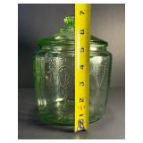 Vintage 1930s Anchor Hocking Green Uranium "Cameo Ballerina" Depression Glass Cookie Jar w/ Lid