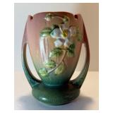 Vintage Roseville Pottery "White Rose" Handled Vase 983-7, Pink & Green, Mid-Century 1940s Art Deco